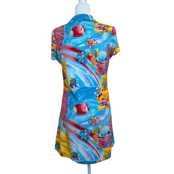 Vintage Antonio Moreno Miami Mini Dress Short Sleeve Tropical Blue Womens Size M - Picture 3 of 6